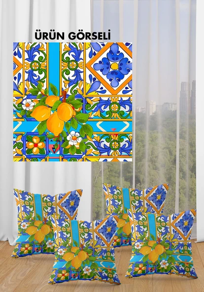 Çift Taraf Baskılı Parlak  Kumaş Bacı Milano Sicilia Desen 4 adet Kırlent Kılıf Seti RENKLİ 43 X 43 - 2