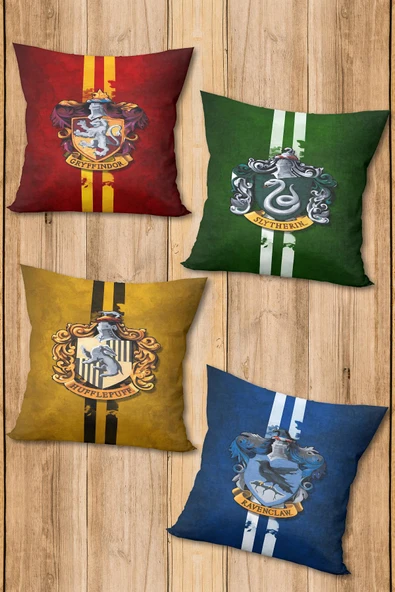 Çift Taraf Baskılı Parlak  Kumaş  Harry Potter Desen 4 adet Kırlent Kılıf Seti RENKLİ 43 X 43