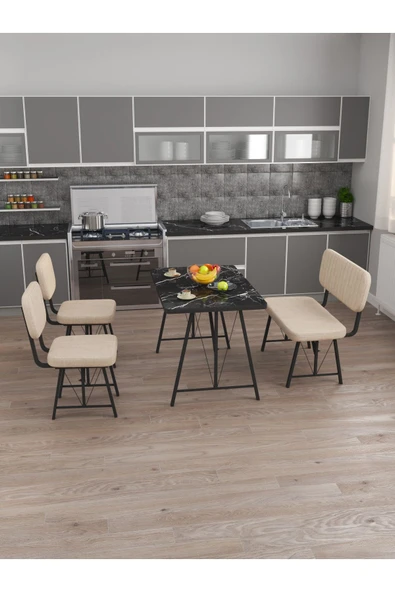 Hayat 70x110 Bendir Mutfak Masası, Mutfak Masası Takımı, Yemek Masası, 2 Sandalye 1 Bench - Krem - 3
