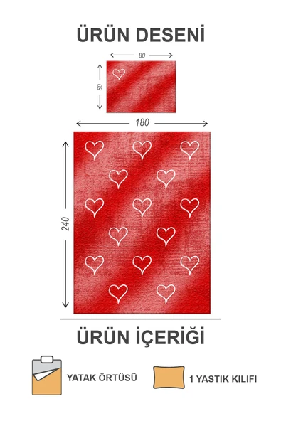Pamuk Dolgulu Kadife Kumaşlı Kapitoneli Kalpli Tek Kişilik Yatak Örtüsü Seti KIRMIZI 180 X 240 - 2