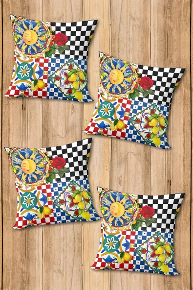 Çift Taraf Baskılı Parlak  Kumaş Bacı Milano Sicilia Desen 4 adet Kırlent Kılıf Seti RENKLİ 43 X 43