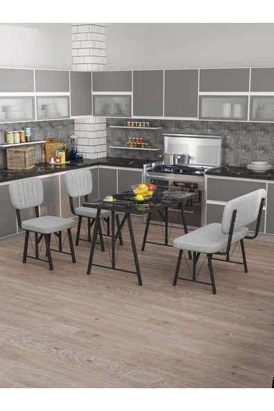 Hayat 70x110 Bendir Mutfak Masası, Mutfak Masası Takımı, Yemek Masası, 2 Sandalye 1 Bench - Açık Gri