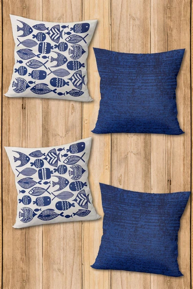 Çift Taraf Baskılı Parlak  Kumaş  Modern Desen 4 adet Kırlent Kılıf Seti RES05 RENKLİ 43 X 43