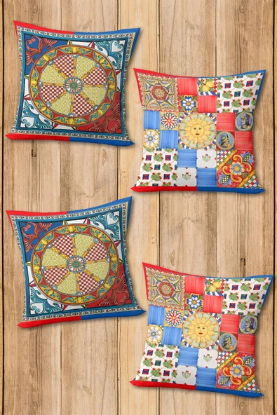 Çift Taraf Baskılı Parlak  Kumaş Bacı Milano Sicilia Desen 4 adet Kırlent Kılıf Seti RENKLİ 43 X 43