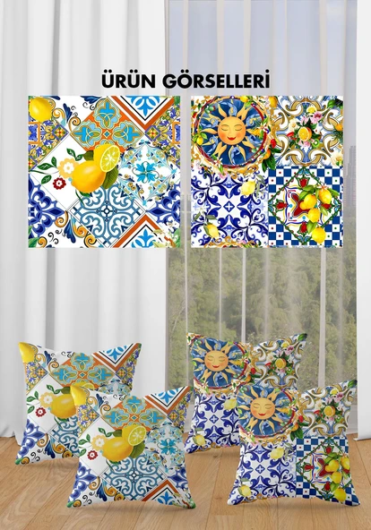 Çift Taraf Baskılı Parlak  Kumaş Bacı Milano Sicilia Desen 4 adet Kırlent Kılıf Seti RENKLİ 43 X 43 - 2