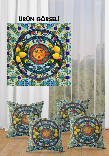 Çift Taraf Baskılı Parlak  Kumaş Bacı Milano Sicilia Desen 4 adet Kırlent Kılıf Seti RENKLİ 43 X 43 - 2