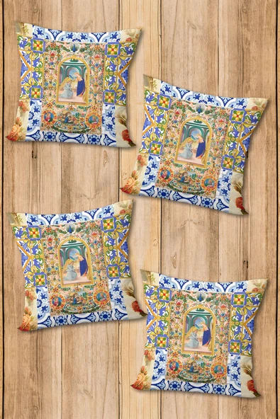 Çift Taraf Baskılı Parlak  Kumaş Bacı Milano Sicilia Desen 4 adet Kırlent Kılıf Seti RENKLİ 43 X 43