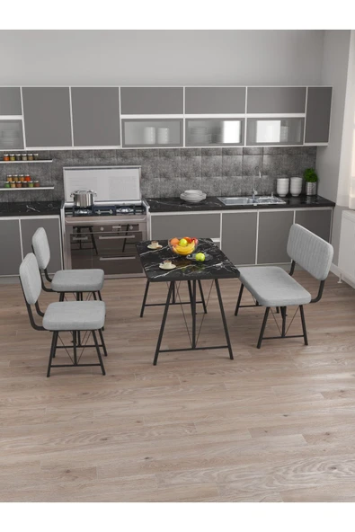 Hayat 70x110 Bendir Mutfak Masası, Mutfak Masası Takımı, Yemek Masası, 2 Sandalye 1 Bench - Açık Gri - 3