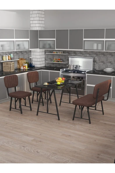 Hayat 70x110 Bendir Mutfak Masası, Mutfak Masası Takımı, Yemek Masası, 2 Sandalye 1 Bench - Kahve