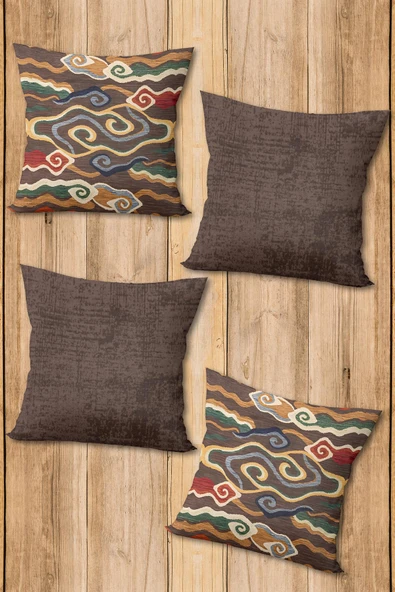 Çift Taraf Baskılı Parlak  Kumaş  Modern Desen 4 adet Kırlent Kılıf Seti RENKLİ 43 X 43