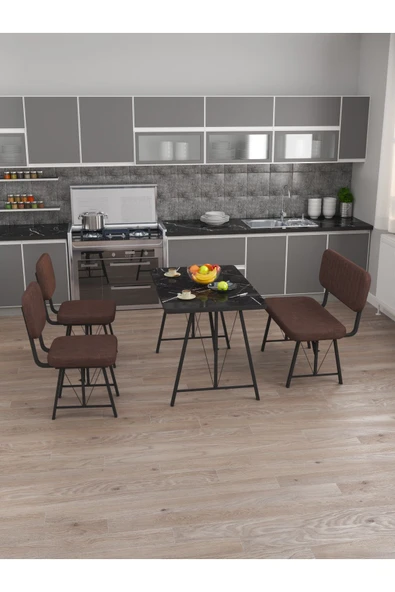 Hayat 70x110 Bendir Mutfak Masası, Mutfak Masası Takımı, Yemek Masası, 2 Sandalye 1 Bench - Kahve - 3