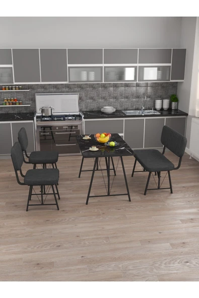 Hayat 70x110 Bendir Mutfak Masası, Mutfak Masası Takımı, Yemek Masası, 2 Sandalye 1 Bench - Antrasit - 3