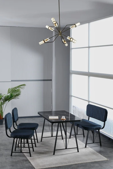 Hayat 70x110 Bendir Mutfak Masası, Mutfak Masası Takımı, Yemek Masası, 2 Sandalye 1 Bench - Lacivert