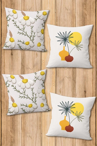 Çift Taraf Baskılı Parlak  Kumaş  Modern Desen 4 adet Kırlent Kılıf Seti RENKLİ 43 X 43