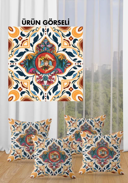 Çift Taraf Baskılı Parlak  Kumaş Bacı Milano Sicilia Desen 4 adet Kırlent Kılıf Seti RENKLİ 43 X 43 - 2