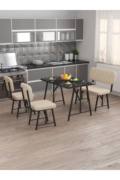 Hayat 70x110 Bendir Mutfak Masası, Mutfak Masası Takımı, Yemek Masası, 2 Sandalye 1 Bench - Krem - 2