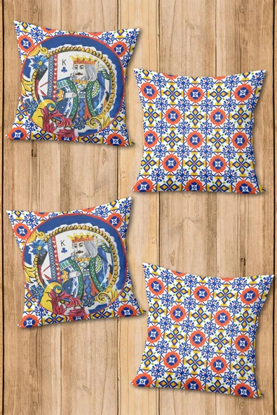 Çift Taraf Baskılı Parlak  Kumaş Bacı Milano Sicilia Desen 4 adet Kırlent Kılıf Seti RENKLİ 43 X 43