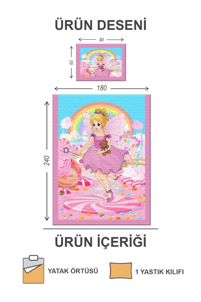 Pamuk Dolgulu Kadife Kumaş Tatlı Prenses Desenli Tek Kişilik Kapitone Yatak Örtüsü Seti Drk-0102 PEMBE 180 X 240 - 2