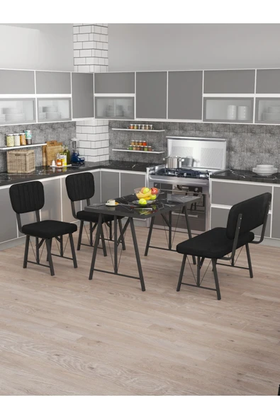 Hayat 70x110 Bendir Mutfak Masası, Mutfak Masası Takımı, Yemek Masası, 2 Sandalye 1 Bench - Siyah