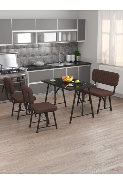 Hayat 70x110 Bendir Mutfak Masası, Mutfak Masası Takımı, Yemek Masası, 2 Sandalye 1 Bench - Kahve - 2