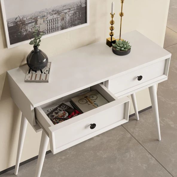 6021 LUNA (AHŞAP AYAKLI) MDF PROFİL ÇERÇEVELİ 2 ÇEKMECELİ DRESUAR BEYAZ - 6