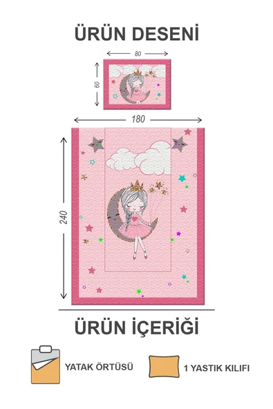 Pamuk Dolgulu Kadife Kumaş Ay Kız Desenli Çoçuk Odası Tek Kişilik Kapitone Yatak Örtüsü Seti Drk0101 PEMBE 180 X 240 - 2