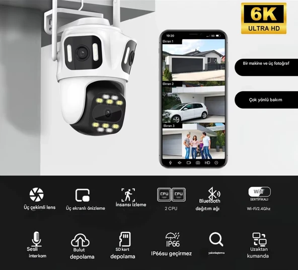 6K PTZ Wifi IP Kamera 4 Lens AI İnsan Algılama  WIFI Çift Ekran CCTV Güvenlik Koruma - 2