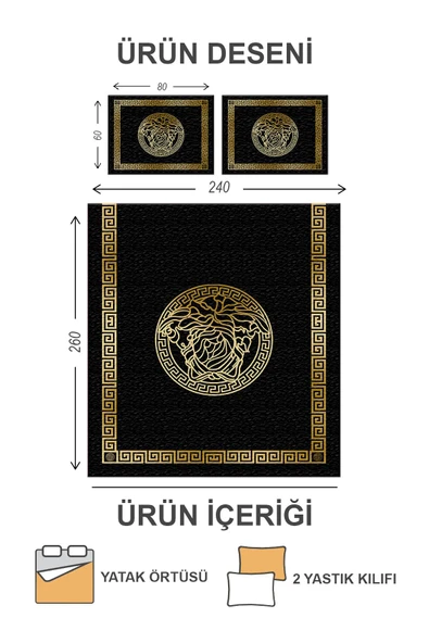 Pamuk Dolgulu Kadife Kumaş Medusa Kafası Desenli Çift Kişilik Kapitone Yatak Örtüsü Seti Drk-0241 GOLD-SİYAH 240 X 260 - 2