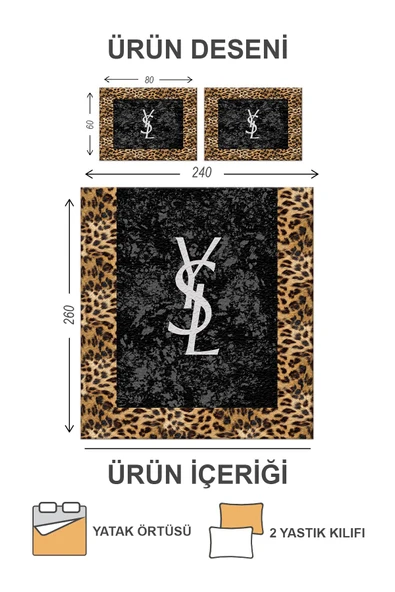 Pamuk Dolgulu Kadife Kumaşlı Kapitoneli Leoparlı Çift Kişilik Yatak Örtüsü Seti SİYAH 240 X 260 - 2