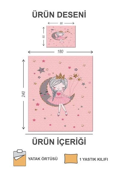 Kapitoneli Pamuk Dolgulu Kadife Kumaş Ay Kız Desenli Tek Kişilik Çocuk Genç Yatak Örtüsü Seti RENKLİ 180 X 240 - 2