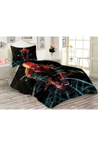 Kapitoneli Pamuk Dolgulu Kadife Kumaş SpiderMan Desenli Tek Kişilik Çocuk Genç Yatak Örtüsü Seti RENKLİ 180 X 240