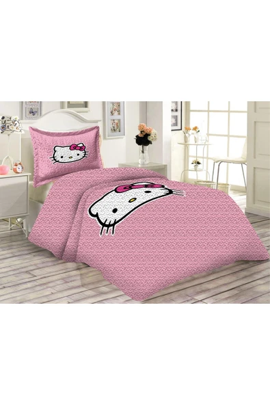 Kapitoneli Pamuk Dolgulu Kadife Kumaş Hello Kitty Desenli Tek Kişilik Çocuk Genç Yatak Örtüsü Seti RENKLİ 180 X 240