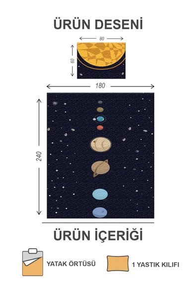 Kapitoneli Pamuk Dolgulu Kadife Kumaş Uzay Desenli Tek Kişilik Çocuk Genç Yatak Örtüsü Seti RENKLİ 180 X 240 - 2