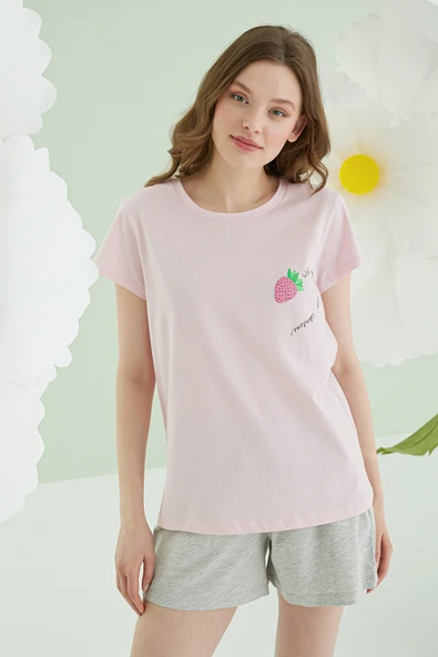 Pembe Strawberry Şortlu Pijama Takımı