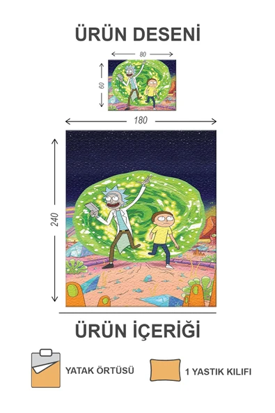 Kapitoneli Pamuk Dolgulu Kadife Kumaş Rick and Morty Desenli Tek Kişilik Çocuk Genç Yatak Örtüsü Seti RENKLİ 180 X 240 - 2