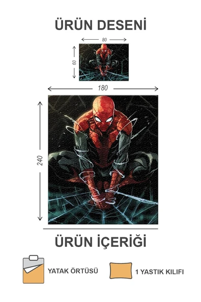 Kapitoneli Pamuk Dolgulu Kadife Kumaş SpiderMan Desenli Tek Kişilik Çocuk Genç Yatak Örtüsü Seti RENKLİ 180 X 240 - 2