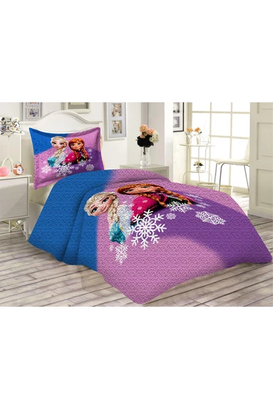 Kapitoneli Pamuk Dolgulu Kadife Kumaş Elsa Frozen Desenli Tek Kişilik Çocuk Genç Yatak Örtüsü Seti RENKLİ 180 X 240