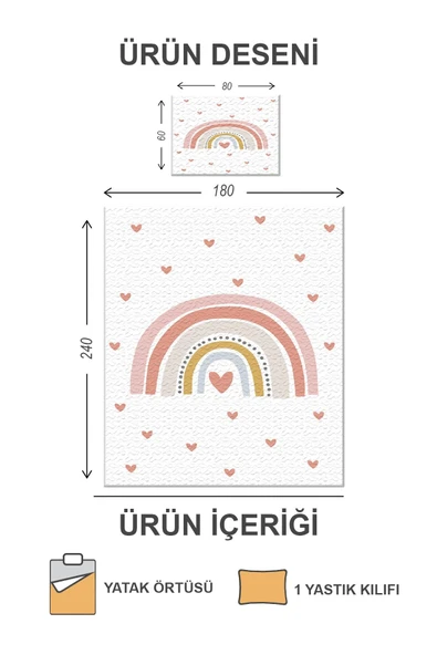 Kapitoneli Pamuk Dolgulu Kadife Kumaş Şerit Kalp Desenli Tek Kişilik Çocuk Genç Yatak Örtüsü Seti RENKLİ 180 X 240 - 2