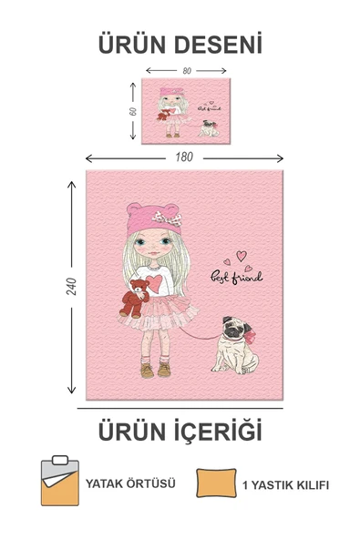 Kapitoneli Pamuk Dolgulu Kadife Kumaş Kız ve Köpek Desenli Tek Kişilik Çocuk Genç Yatak Örtüsü Seti RENKLİ 180 X 240 - 2