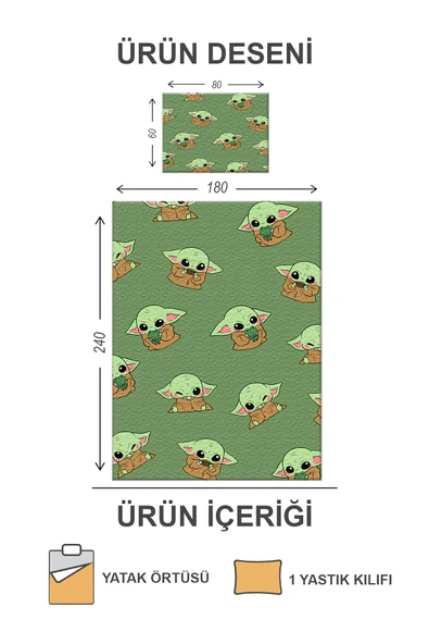 Kapitoneli Pamuk Dolgulu Kadife Kumaş Yoda Desenli Tek Kişilik Çocuk Genç Yatak Örtüsü Seti RENKLİ 180 X 240 - 2