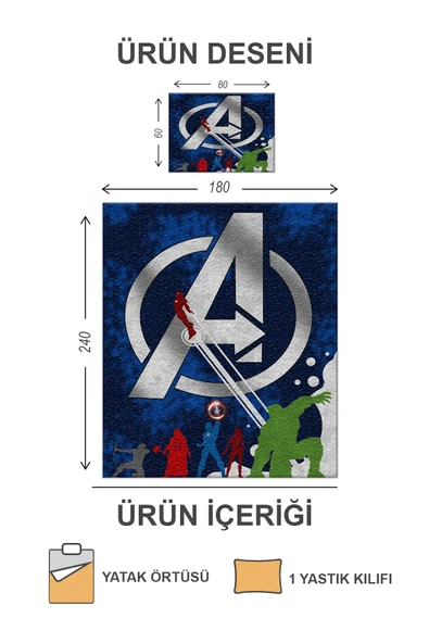 Kapitoneli Pamuk Dolgulu Kadife Kumaş Marvel Desenli Tek Kişilik Çocuk Genç Yatak Örtüsü Seti RENKLİ 180 X 240 - 2