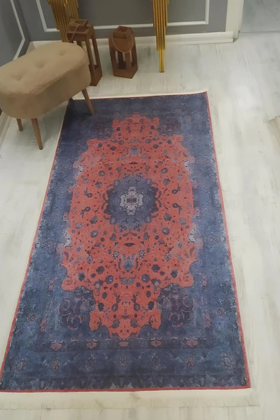 Kaymaz Taban Yıkanabilir Kırmızı Mavi Klasik Eskitme Desen Vintage Halı Kırmızı-Mavi 80 X 150
