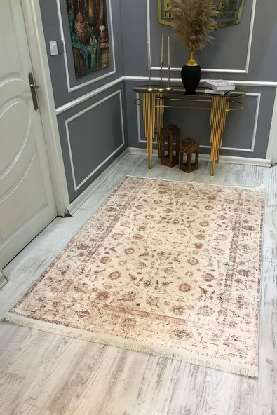 Kaymaz Taban Yıkanabilir Krem Renk Vintage Halı RENKLİ 140 X 200