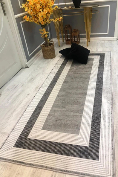 Kaymaz Taban Yıkanabilir Geometrik Çerçeveli Gri Vintage Desen Halı GRİ-BEYAZ 80 X 150