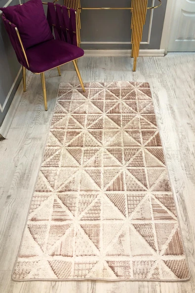 Kaymaz Taban Yıkanabilir Krem Geometrik Desen Vintage Halı KREM-KAHVE 100 X 200