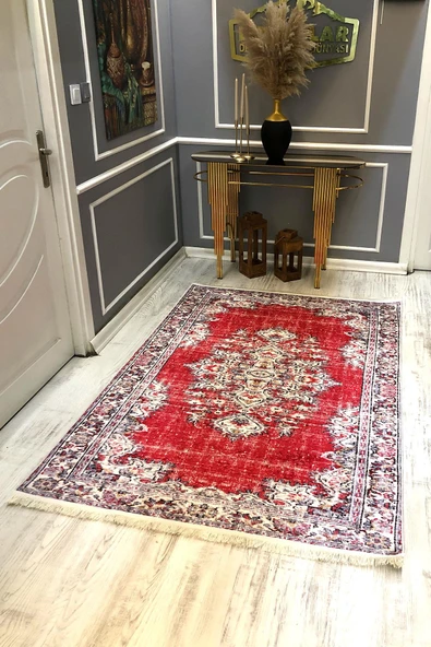 Kaymaz Taban Yıkanabilir Kırmızı Vintage Halı RENKLİ 100 X 200