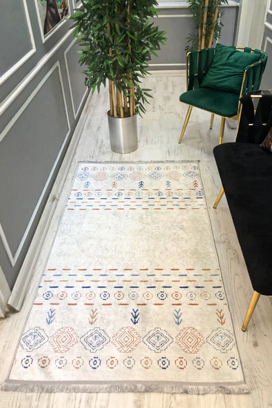 Kaymaz Taban Yıkanabilir Beyaz Zemin Vintage Kilim Desen Halı RENKLİ 80 X 300
