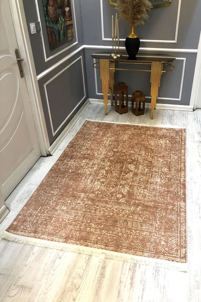 Kaymaz Taban Yıkanabilir Kahve Renk Vintage Halı RENKLİ 160 X 230