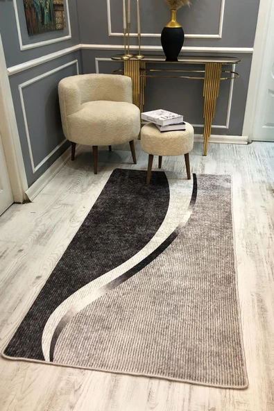 Kaymaz Taban Yıkanabilir Gri Modern Desen Vintage Halı GRİ 100 X 300