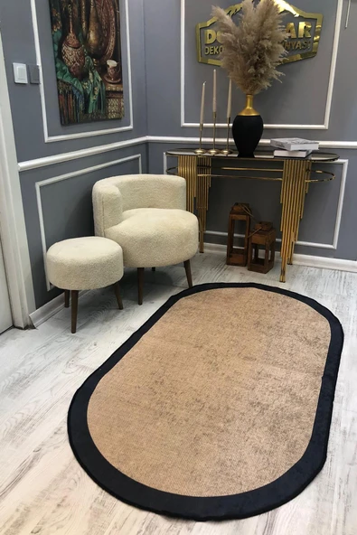 Kaymaz Taban Yıkanabilir Siyah Çerçeveli Hasır Vintage Desen Halı KREM-SİYAH 200 X 300